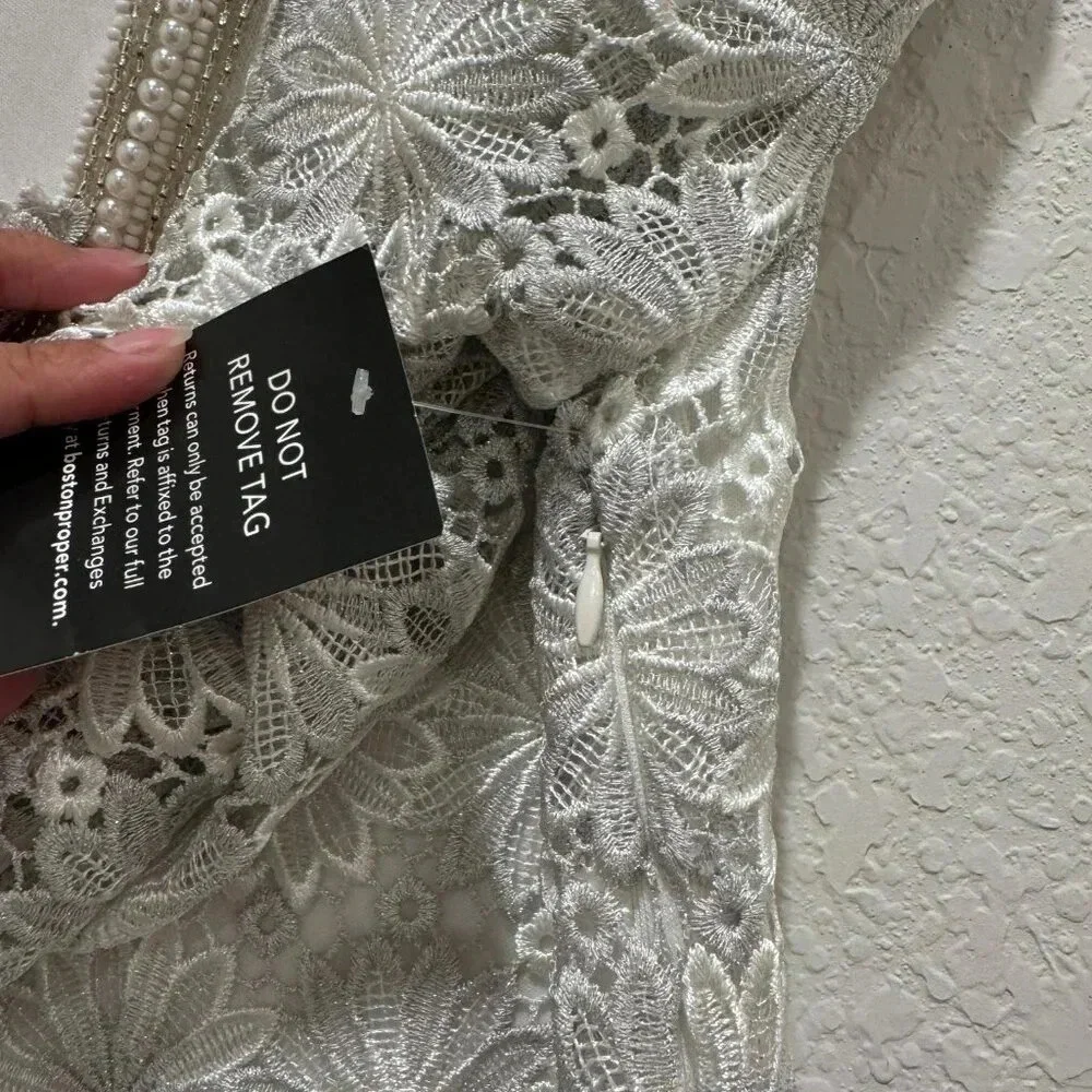Boston Proper Embellished Metallic Floral Lace Tunic Dress White/Silver Size XS - Picture 11 of 16